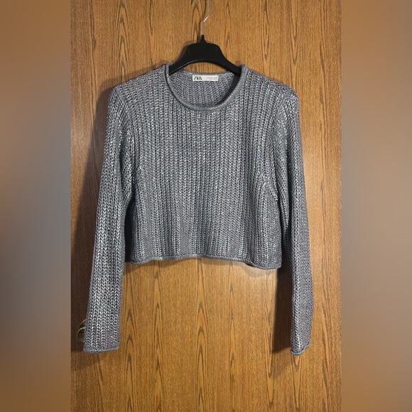 Zara Blue Metallic Chunky Knit Cropped Sweater - Picture 2 of 5